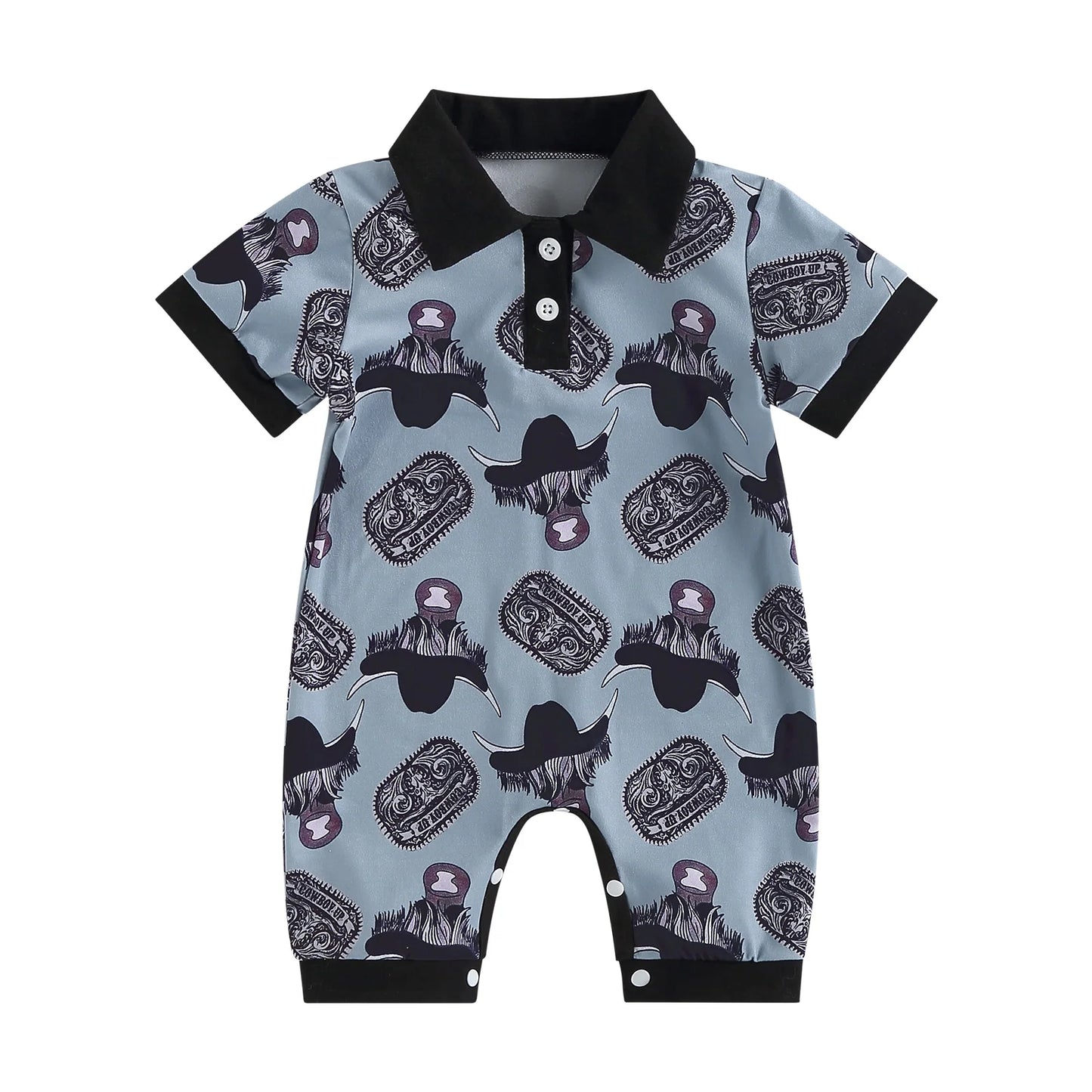 0-18 mo Infant Baby Boys Jumpsuit, Casual Head Print, Short Sleeve Romper