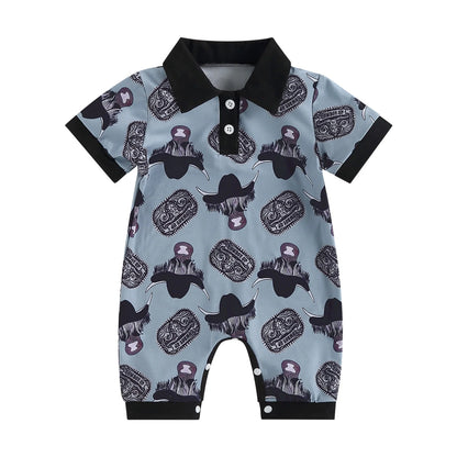 0-18 mo Infant Baby Boys Jumpsuit, Casual Head Print, Short Sleeve Romper
