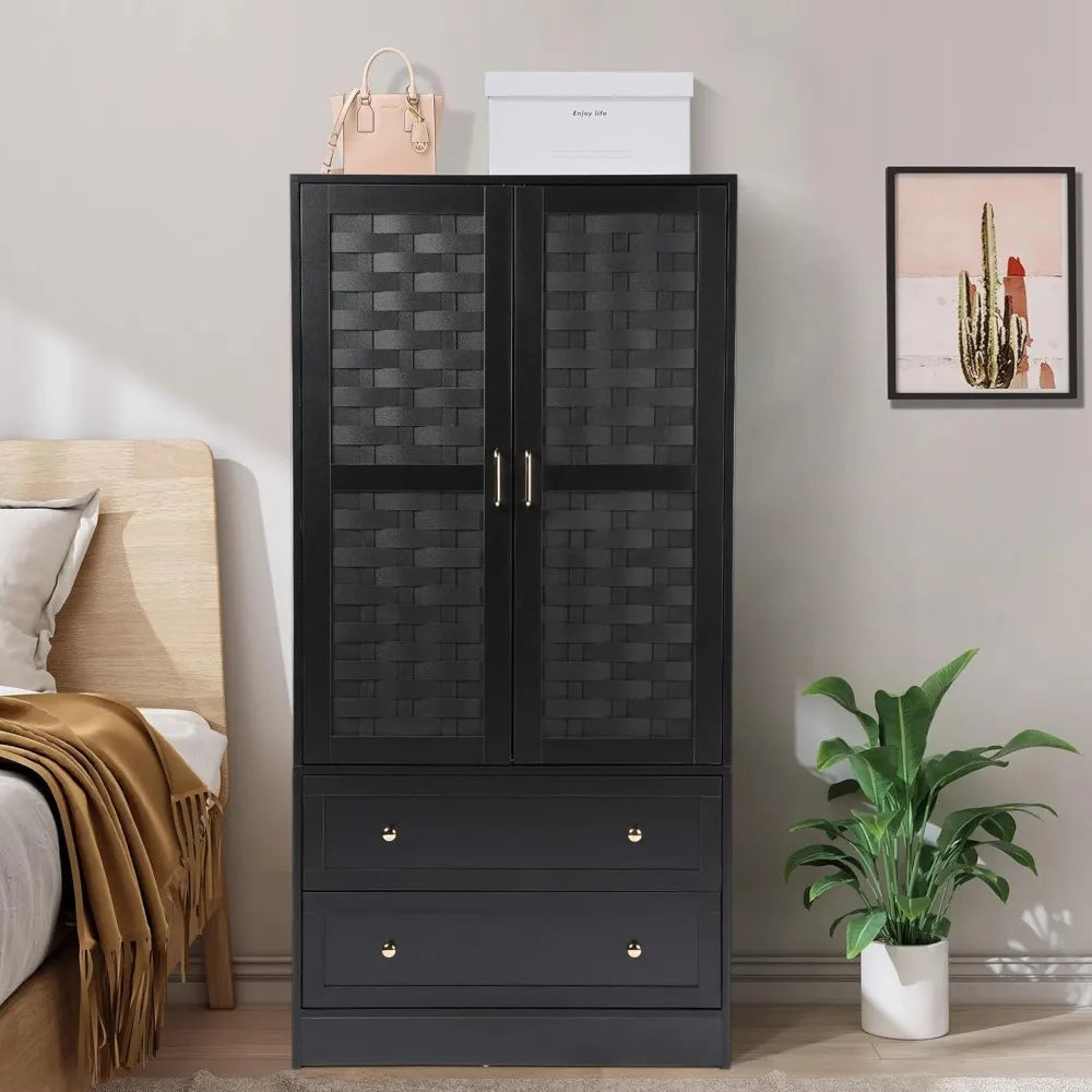Armoire Wardrobe Closet with 2 Woven Doors, Wardrobe Cabinet with 2 Storage Drawers