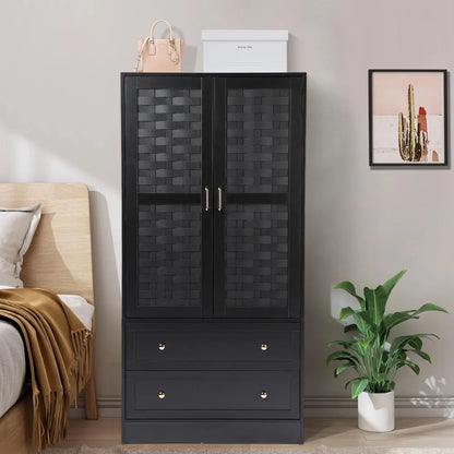 Armoire Wardrobe Closet with 2 Woven Doors, Wardrobe Cabinet with 2 Storage Drawers