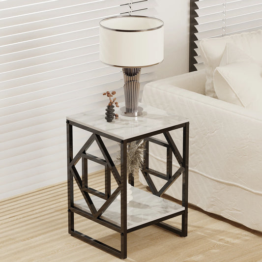 White Marble Top Side Table, Black Coated Frame