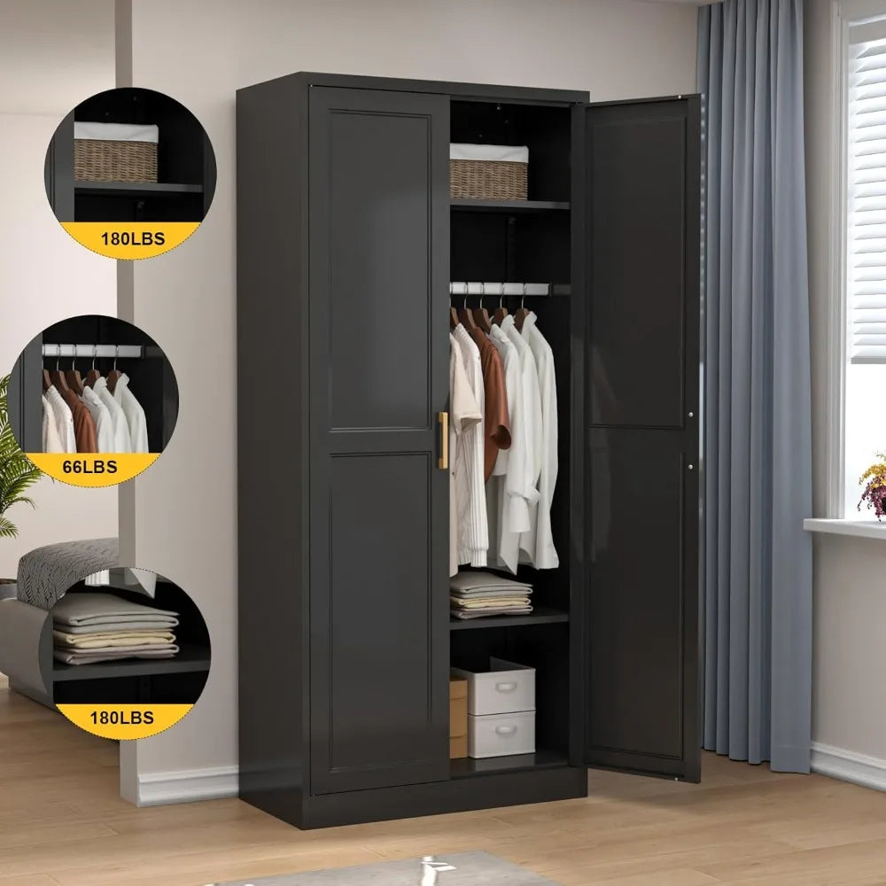 71" Metal Wardrobe Cabinet with Hanging Rod, and Adjustable Shelves