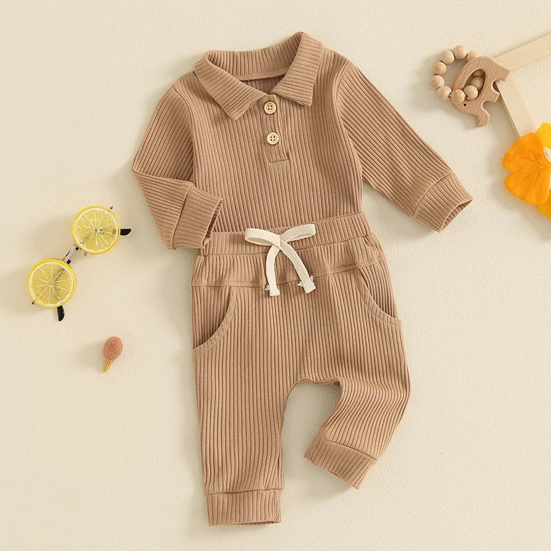 Autumn Infant Baby Boys Ribbed Set, Button Long Sleeve Romper, Drawstring Pocket Trousers