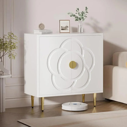 Modern Accent Sideboard Buffet Cabinet for Bedroom, Living Room, Kitchen with Decorative Flower Pattern Doors