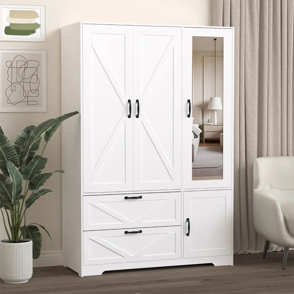 72''H Armoire Wardrobe Cabinet with Mirror and 2 Drawers,  Hanging Rod and Light