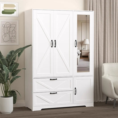 72''H Armoire Wardrobe Cabinet with Mirror and 2 Drawers,  Hanging Rod and Light