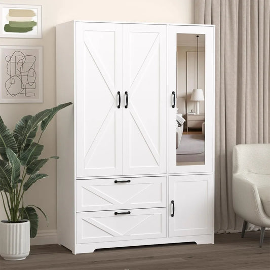 72''H Armoire Wardrobe Cabinet with Mirror and 2 Drawers,  Hanging Rod and Light