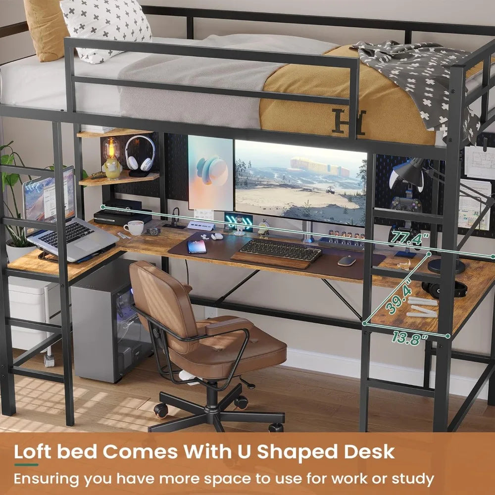 Twin Size Loft Bed with U Shaped Desk and Led Lights, Charging Station and Storage Shelves