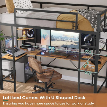 Twin Size Loft Bed with U Shaped Desk and Led Lights, Charging Station and Storage Shelves