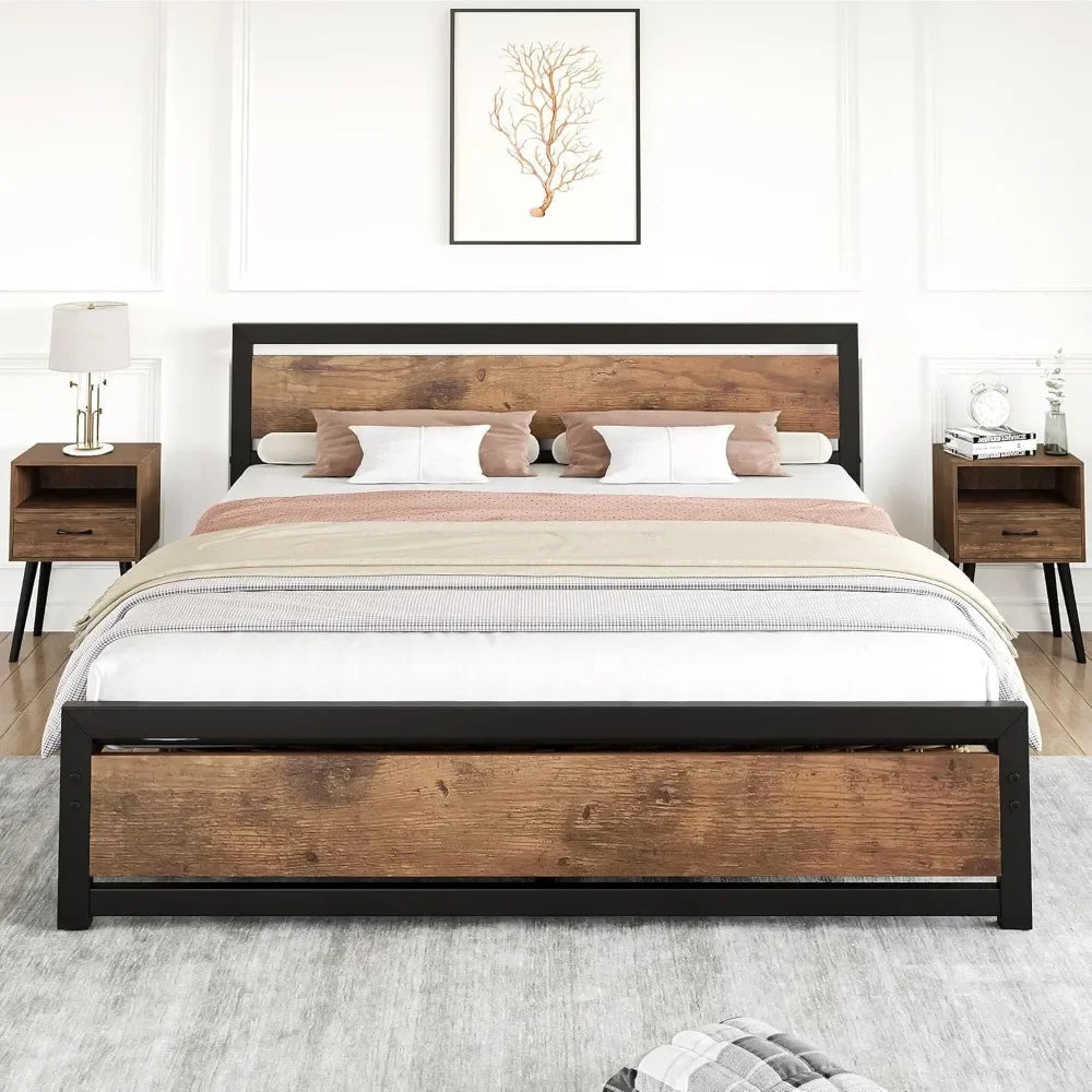 Bed Frame with Wooden Headboard and Footboard, No Box Spring Needed, 14 inch Easy to Assemble