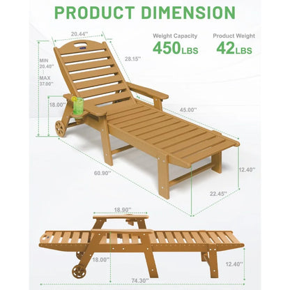 Set of 2, Outdoor Chaise Lounge with 6-Position with Wheels & Cup Holder