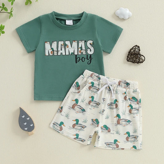 12M-4Y Boys Summer Shorts Sets, Short Sleeve, O Neck, Letter Print Tops and Duck Print Shorts Sets