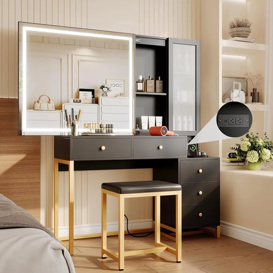 Vanity Desk with Sliding Mirror and LED Lights, Power Outlet & Vanity Stool f