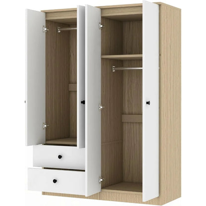 4-Door White Wooden Armoire Wardrobe Closet with 2 Drawers and 2 Hanging Rods