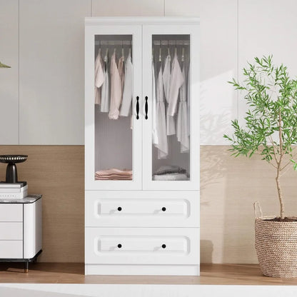 2 Acrylic Doors Wooden Armoires with Hanging Rod, 2 Large Drawers