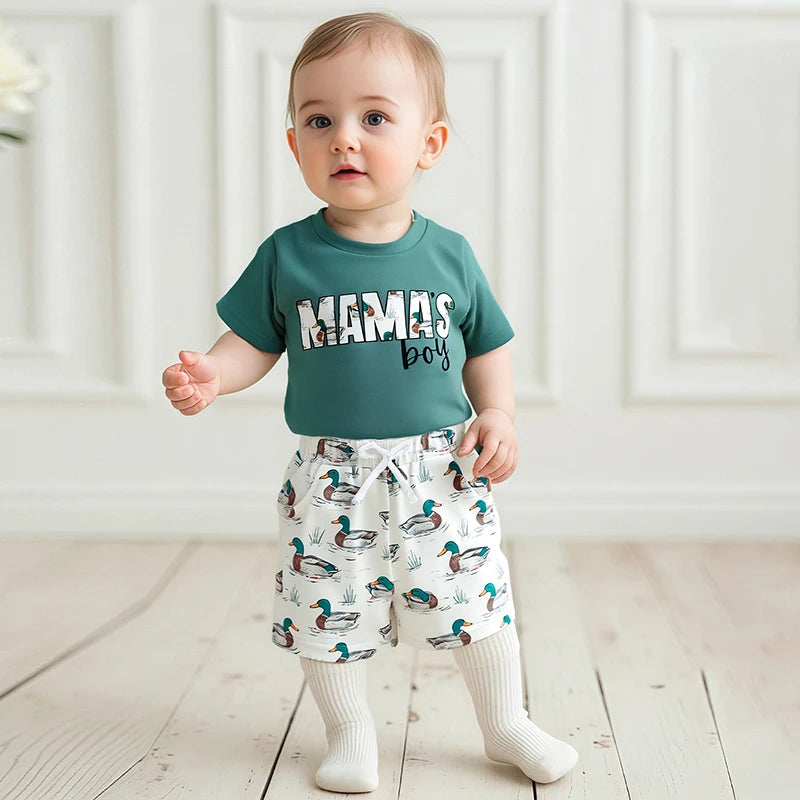 12M-4Y Boys Summer Shorts Sets, Short Sleeve, O Neck, Letter Print Tops and Duck Print Shorts Sets
