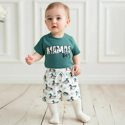 12M-4Y Boys Summer Shorts Sets, Short Sleeve, O Neck, Letter Print Tops and Duck Print Shorts Sets