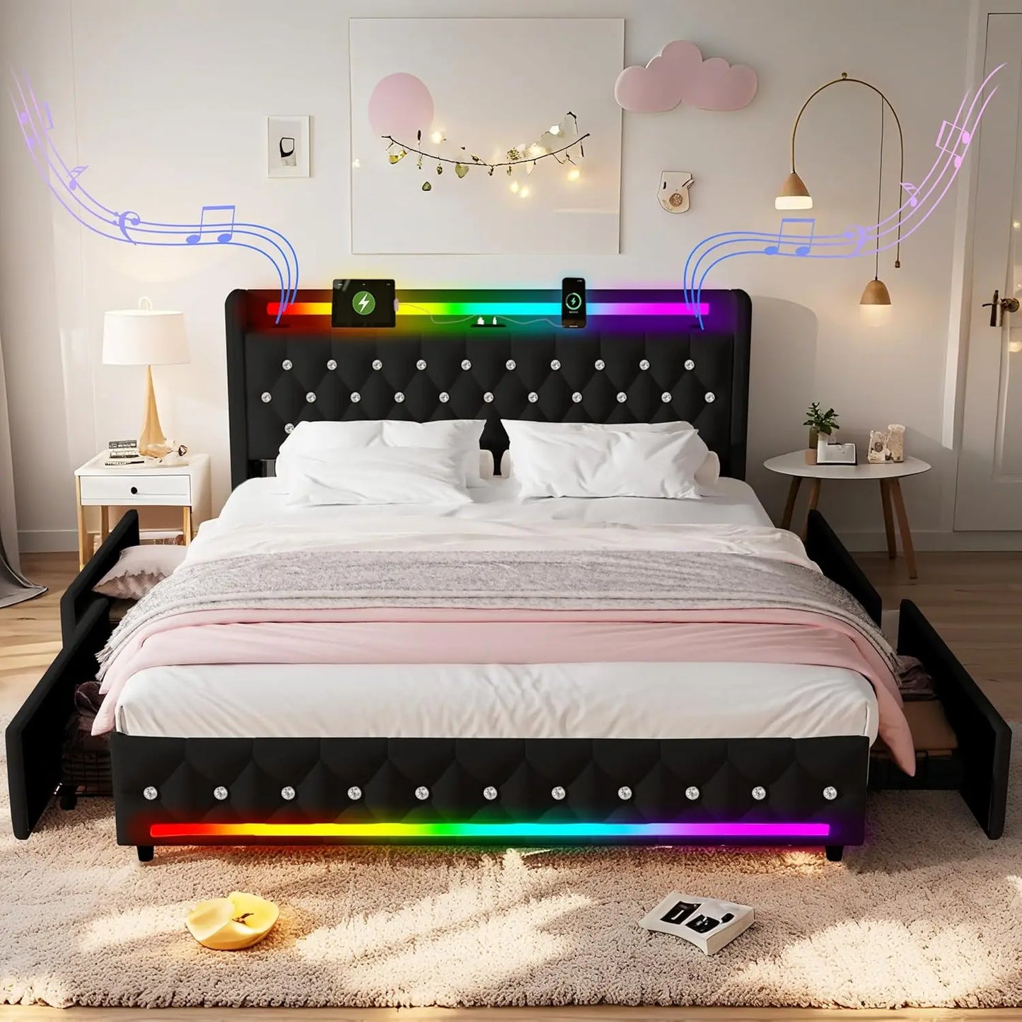 Multiple Color LED Bed Frame with Charging Station, Featuring 2-Tier Headboard, 4 Storage drawers