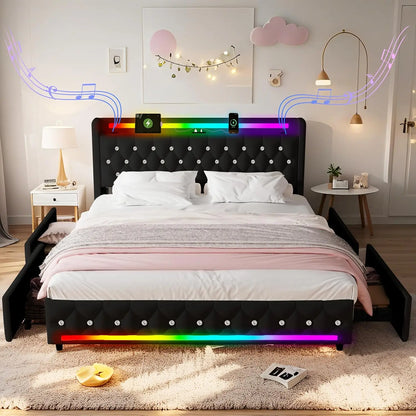 Multiple Color LED Bed Frame with Charging Station, Featuring 2-Tier Headboard, 4 Storage drawers