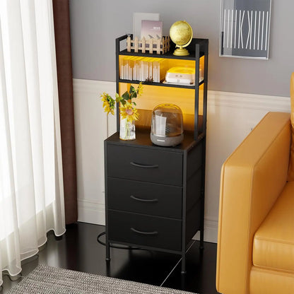 LED side table with U-S-B ports and sockets for charging piles, 3 drawers