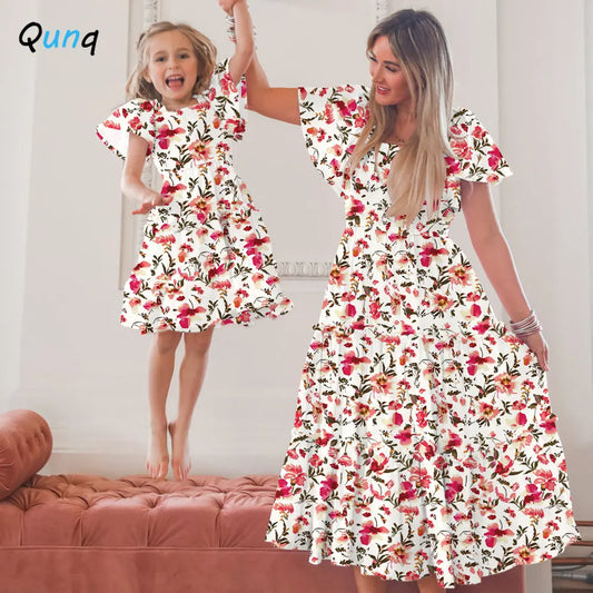Sweet Dress Mommy And Daughter Matching Outfit, Square Collar, Fashion Print, Ruffle Sleeve