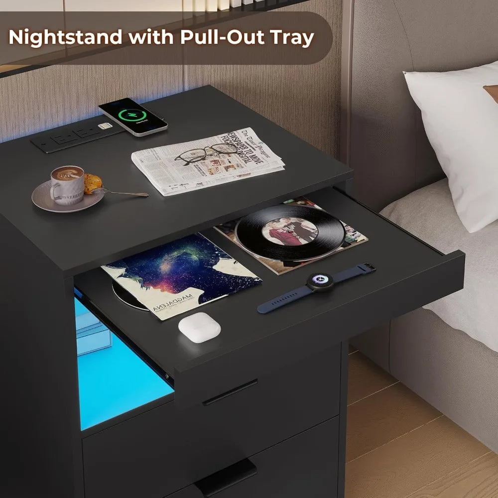 Set of 2 Night Stand with Wireless Charging Station and LED Lights with Pull-Out Shelves