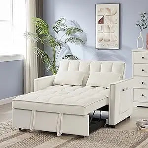 65'' 3-in-1 Queen Size Pullout Sofa, Modern Chenille Fabric, 360° Swivel Side Table