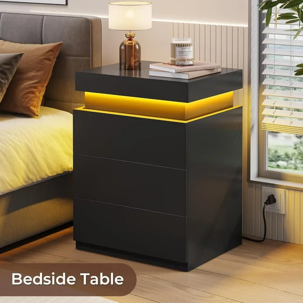 LED, Set of 2,Nightstand with Charging Station and Sliding Top