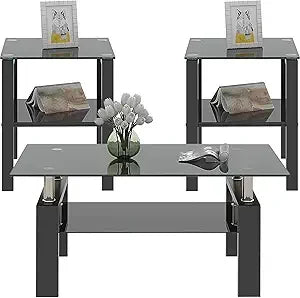 3 Piece Black Glass Table Set, Including 1 Coffee Table and 2 End Side Tables