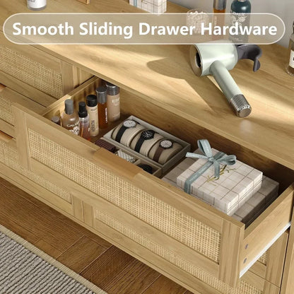 Rattan 6 Drawers Dresser with Wood Legs