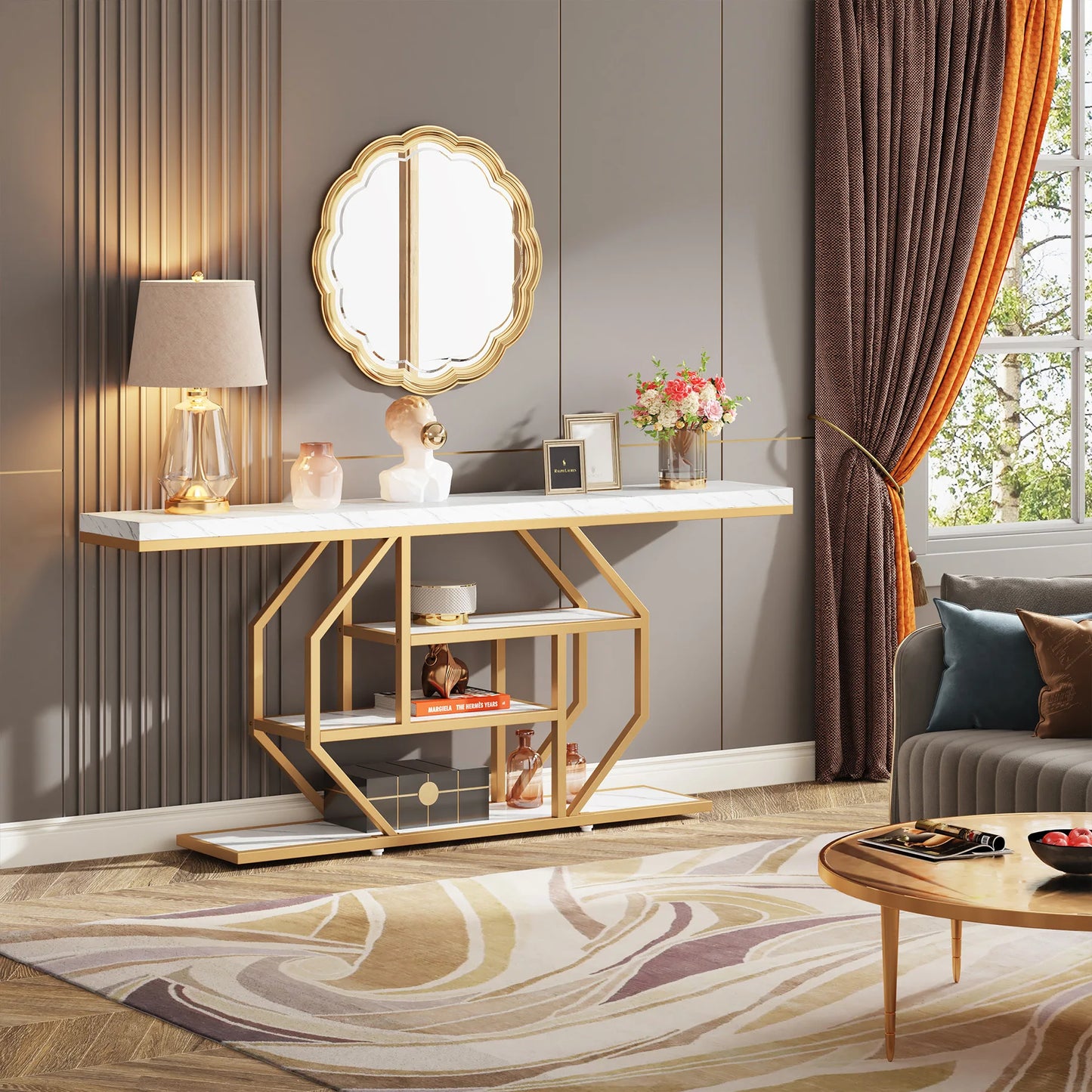 Modern Gold Sofa Table with Storage, 4 Tier