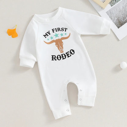 0-12M Newborn Baby Boy Sweatshirt Rompers-Bull Head Letter Print, Long Sleeve Jumpsuit