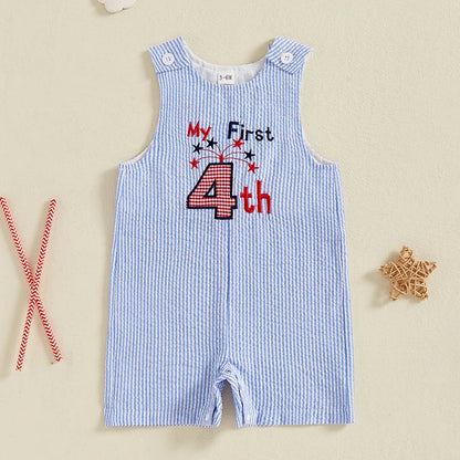 0-24 mo. Baby Boy 4th of July Romper, Star Letter Striped Sleeveless Overall Bodysuit