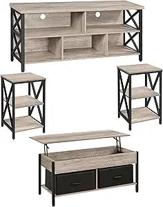 4 Pieces Table Sets - Includes TV Stand with Storage for 65 in TV, Lift-top Coffee Table with Baskets, Set Side Tables