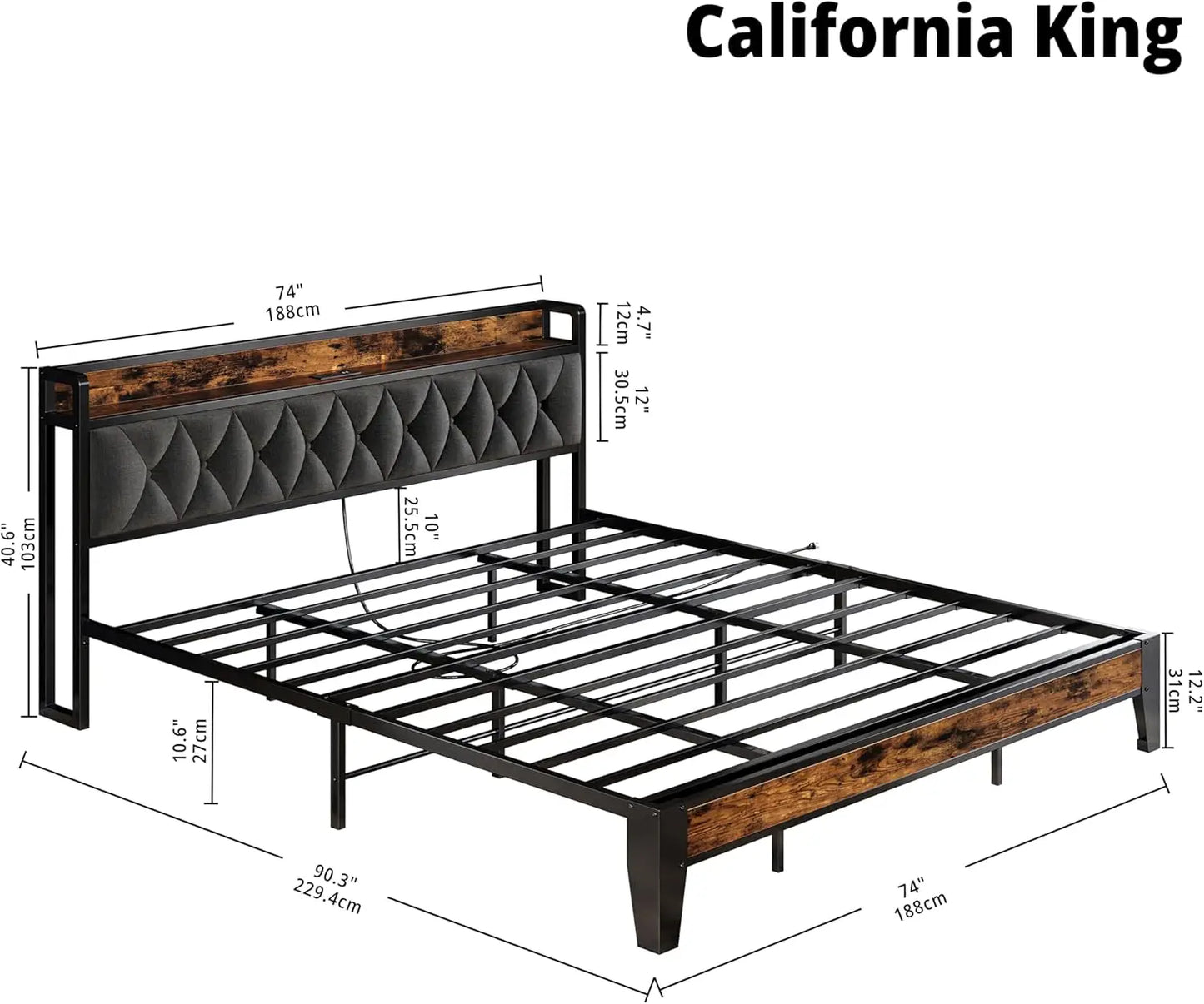 Twin/TwinXL/Full/Queen/King/CaliforniaKing Bed Frames, Storage Headboard with Outlets, No Noise, No Box Springs Needed