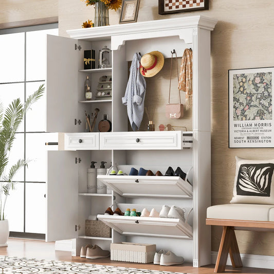 54.7'' Hall Tree with Integrated Shoe Cabinet and Mirrored Cabinet Door, Coat Hanger, Entryway Bench, 4-in-1 Design, 2 Flip