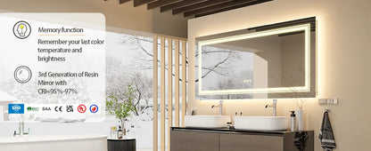 40x24 Inch LED AntiFog Mirror  with Front Light and Backlit in 3 Dimmable Colors