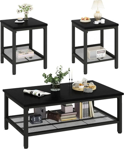 Industrial Coffee Table with 2 Square End Side Tables