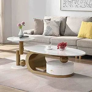 2-Piece Modern Oval Decorative Coffee Center Table with White Faux Marble Top