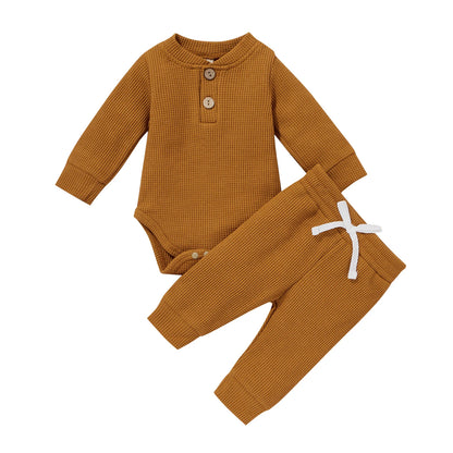 0-24Months Spring Solid Toddler/Baby Waffle Plaid Outfits Long Sleeve Romper + Casual Pants Set