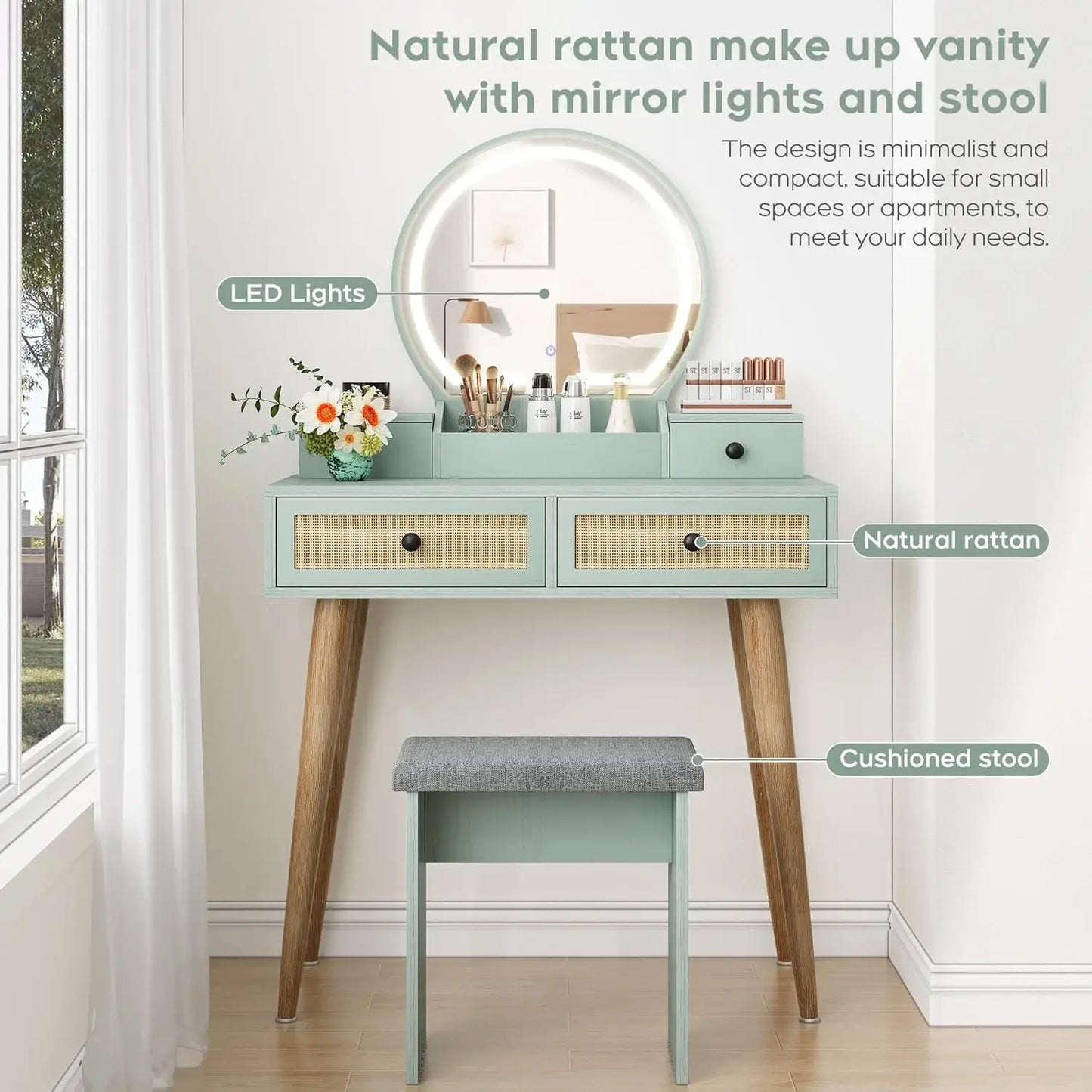 31" Natural Rattan Vanity Desk Set, w/3 Modes, Adjustable ,Lighted Mirror & Cushioned Stool