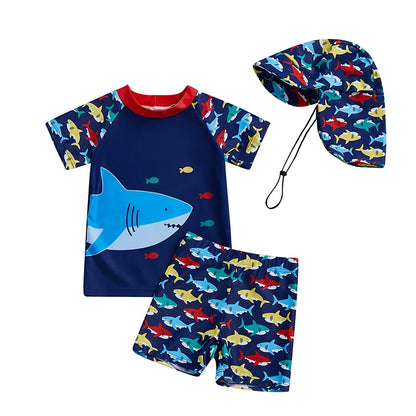 3Pcs, 0MO-4Y Boy Swimsuit Set, Shark Print Short Sleeve, Rash Guard Swim Top, Short, Sun Hat,