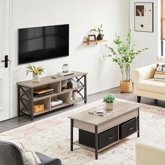 4 Pieces Table Sets - Includes TV Stand with Storage for 65 in TV, Lift-top Coffee Table with Baskets, Set Side Tables