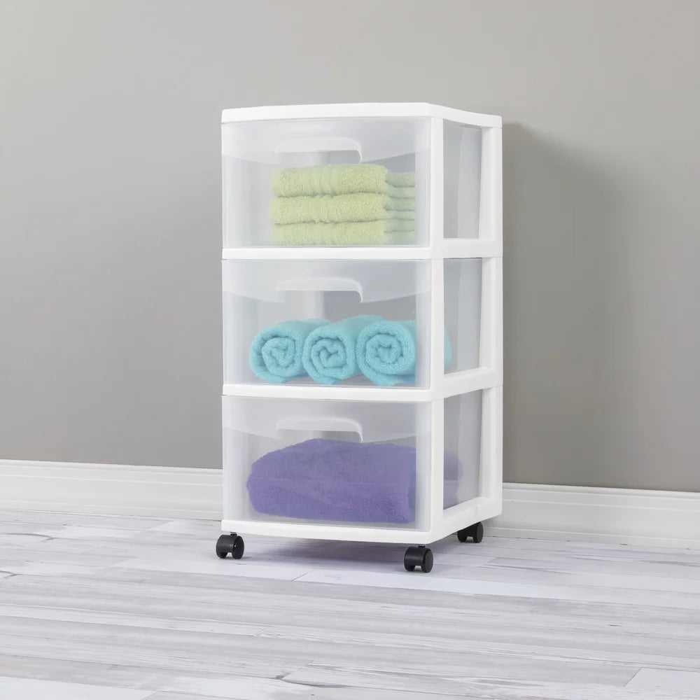 3 Drawer Plastic Storage Cart Rolling Organizer, Multi-purpose Clear Bins