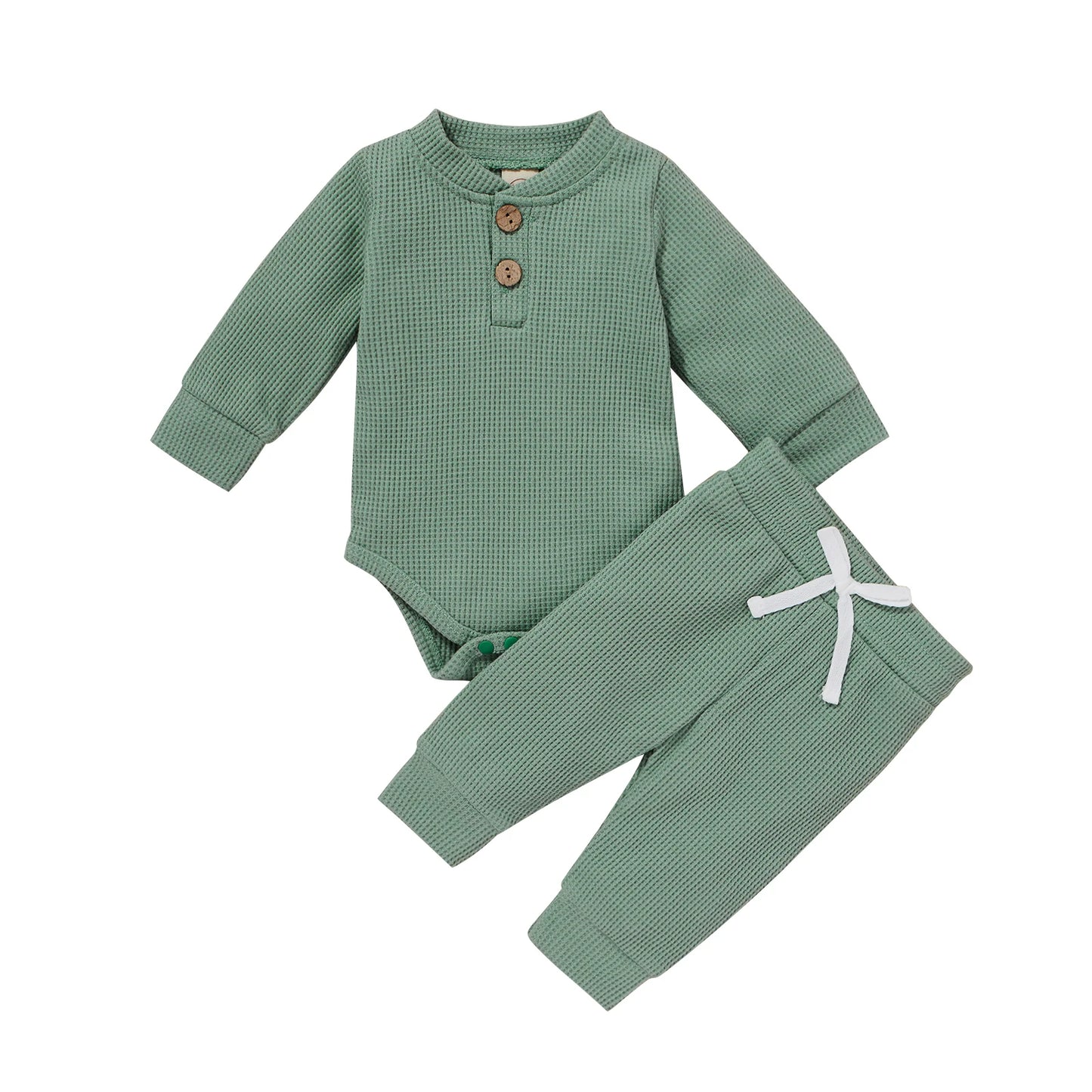 0-24Months Spring Solid Toddler/Baby Waffle Plaid Outfits Long Sleeve Romper + Casual Pants Set