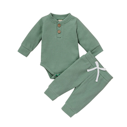 0-24Months Spring Solid Toddler/Baby Waffle Plaid Outfits Long Sleeve Romper + Casual Pants Set