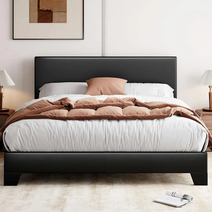 Full/Queen/king Size Bed Frame Adjustable Headboard, Faux Leather Platform Bed, Easy Assembly