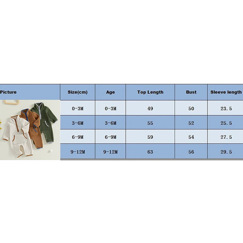 3-12M Autumn Winter Baby Boys Fleece Romper, Long Sleeve, Stand Collar, Pockets