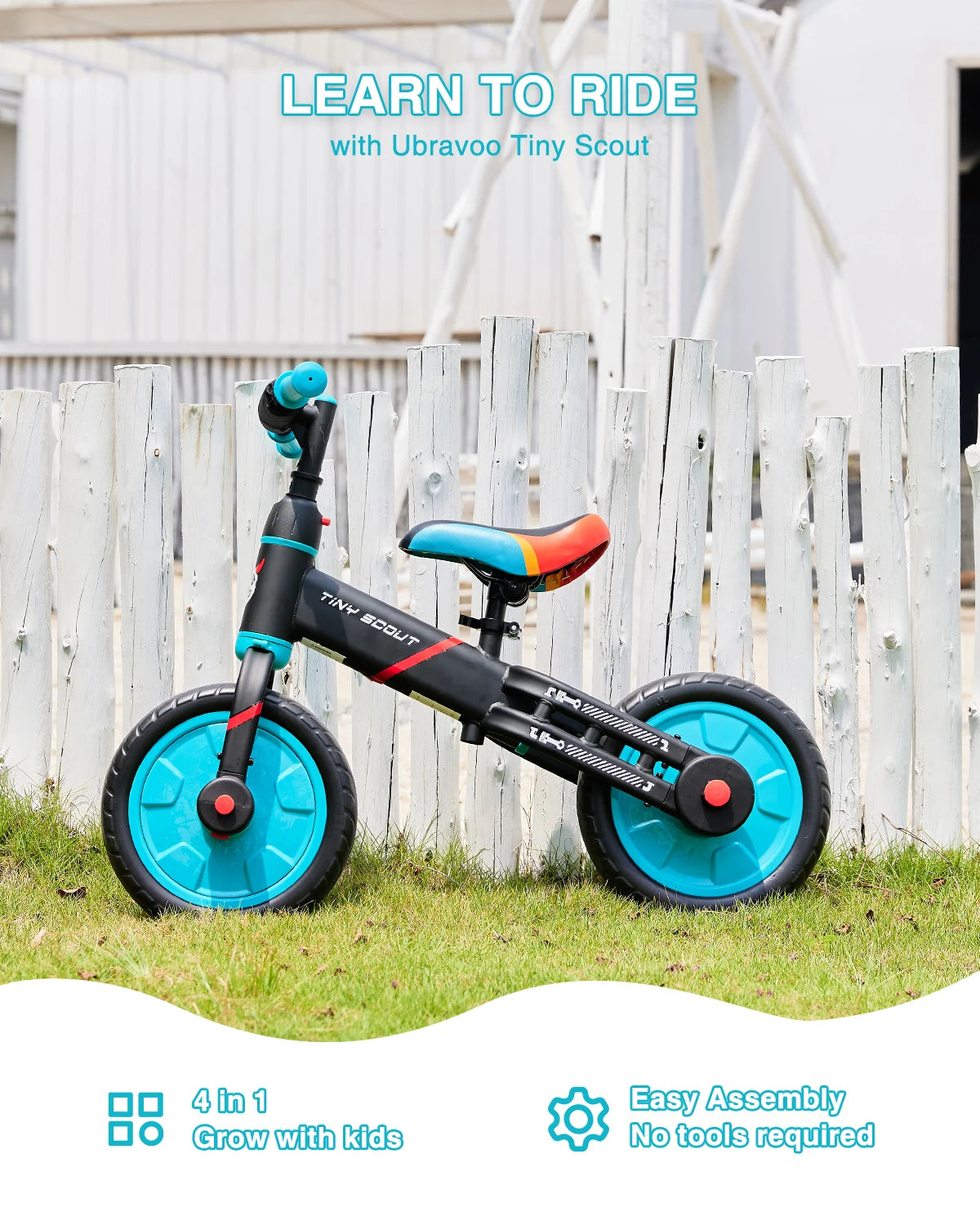 Tiny Scout Balance Bike 3 4 5 Years , 4-in-1 with Optional Support Wheels and Pedals, Saddle Height Adjustable