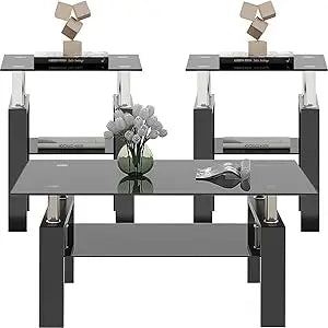 3 Piece Black Glass Table Set, Including 1 Coffee Table and 2 End Side Tables